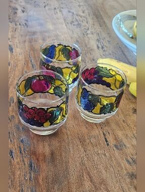 Libbey Hand-Painted Fruit Motif Glass Low Ball Glasses- Set of 3